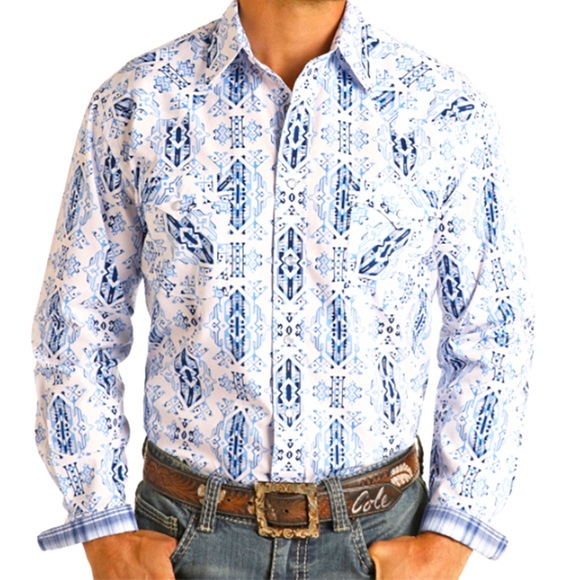 NWOT Rough Stock PANHANDLE Aztec🔹Two Tone Blue Pearl Snap Mens Shirt SZ S - Picture 3 of 7